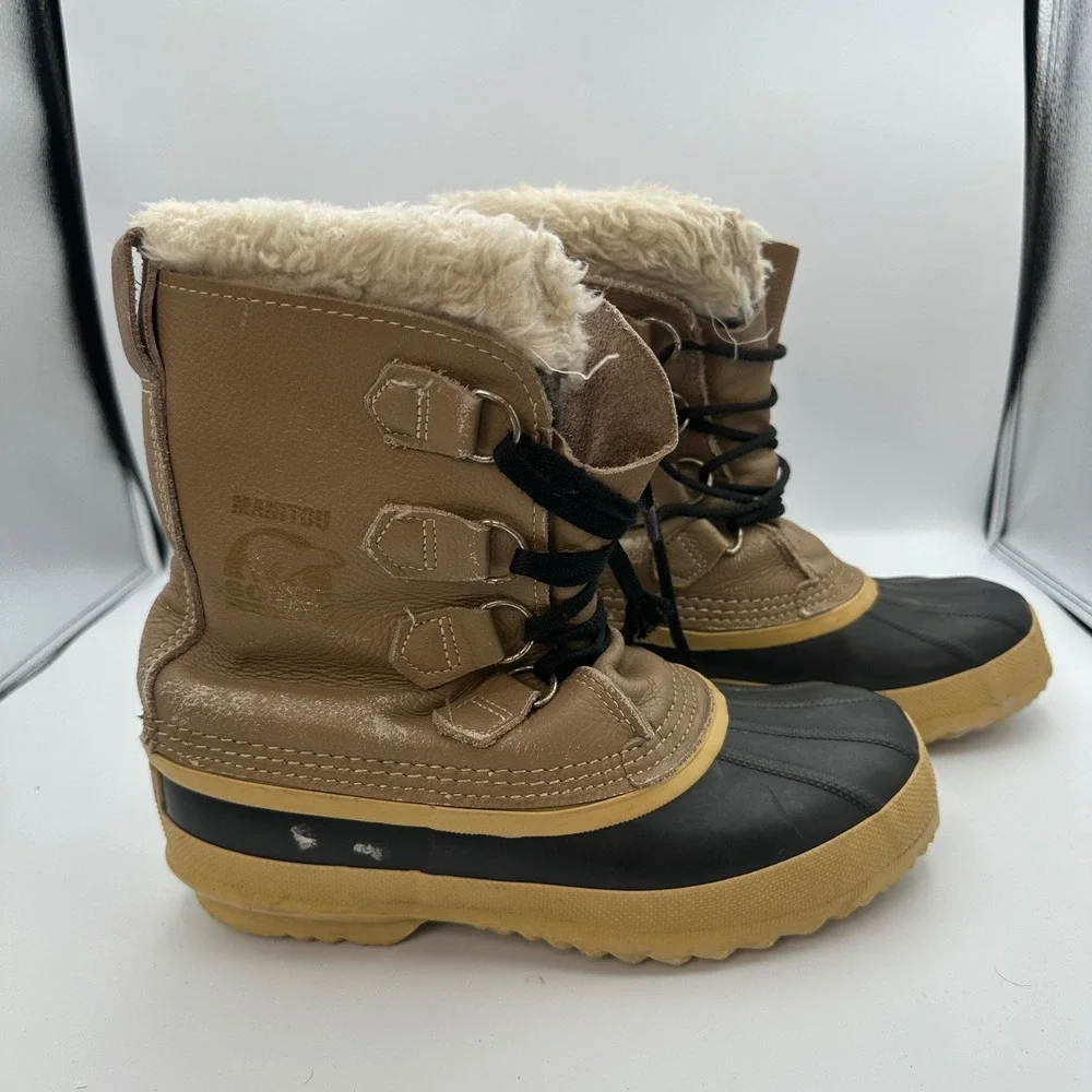 Sorel Manitou Snow‎ Winter Boots Tan Brown Leather Wool Blend Kids Size 7